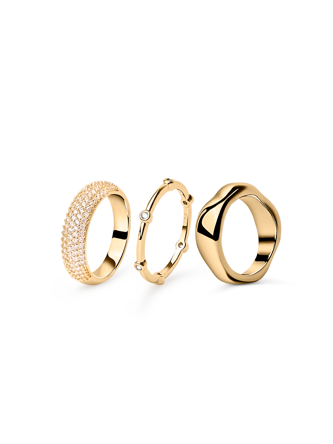 Pave Dome Ring, Thin Milgrain Ring and Wavy Ring by You gold