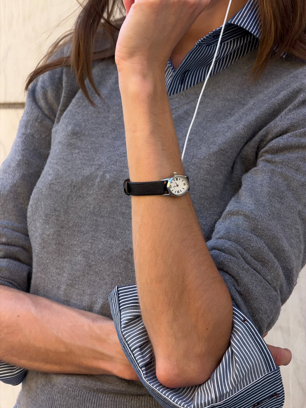 Black Leather Vintage Watch Silver