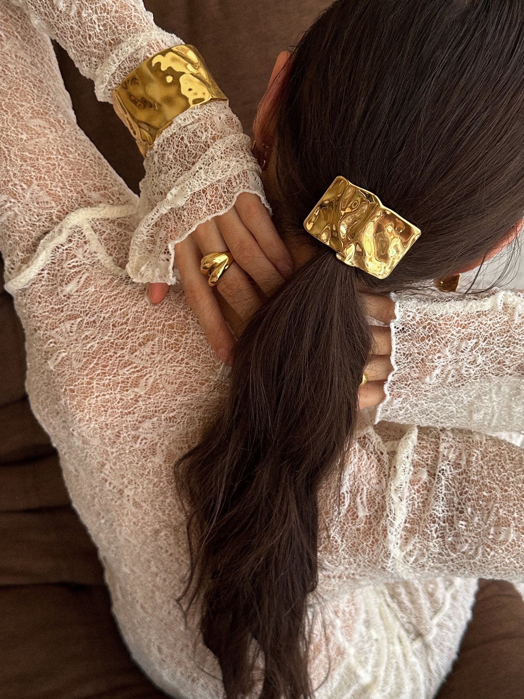Dune Hair Clip, dune cuff bracelet, terra duo ring, waterproof 18k gold PVD plating