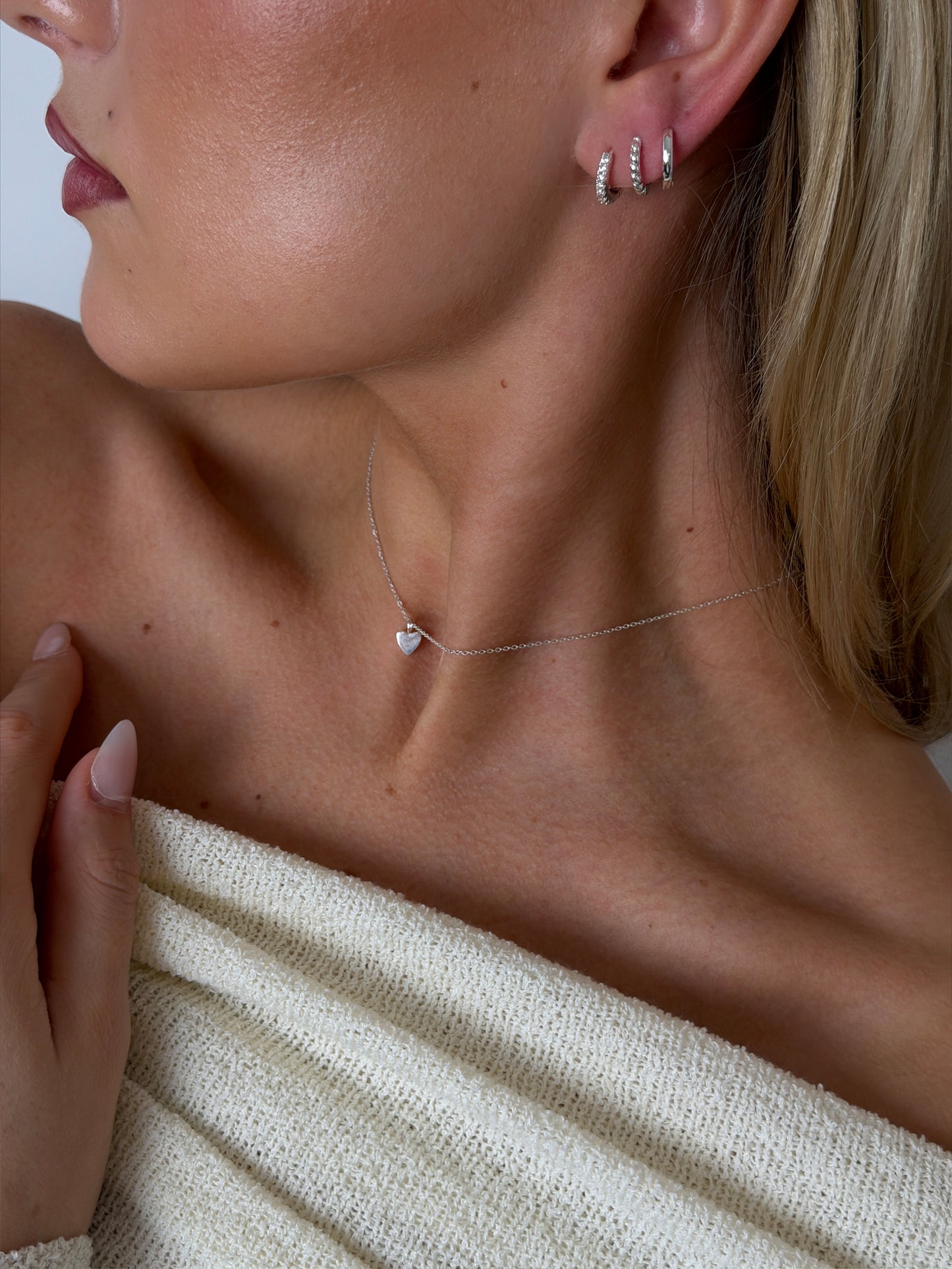 3 pack mini huggie hoops, love heart necklace 925 silver plated brass