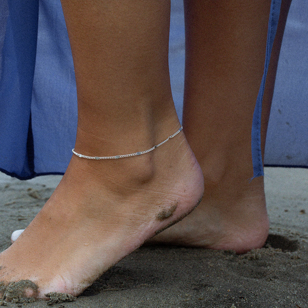 Beaded Curb Chain Anklet Silver