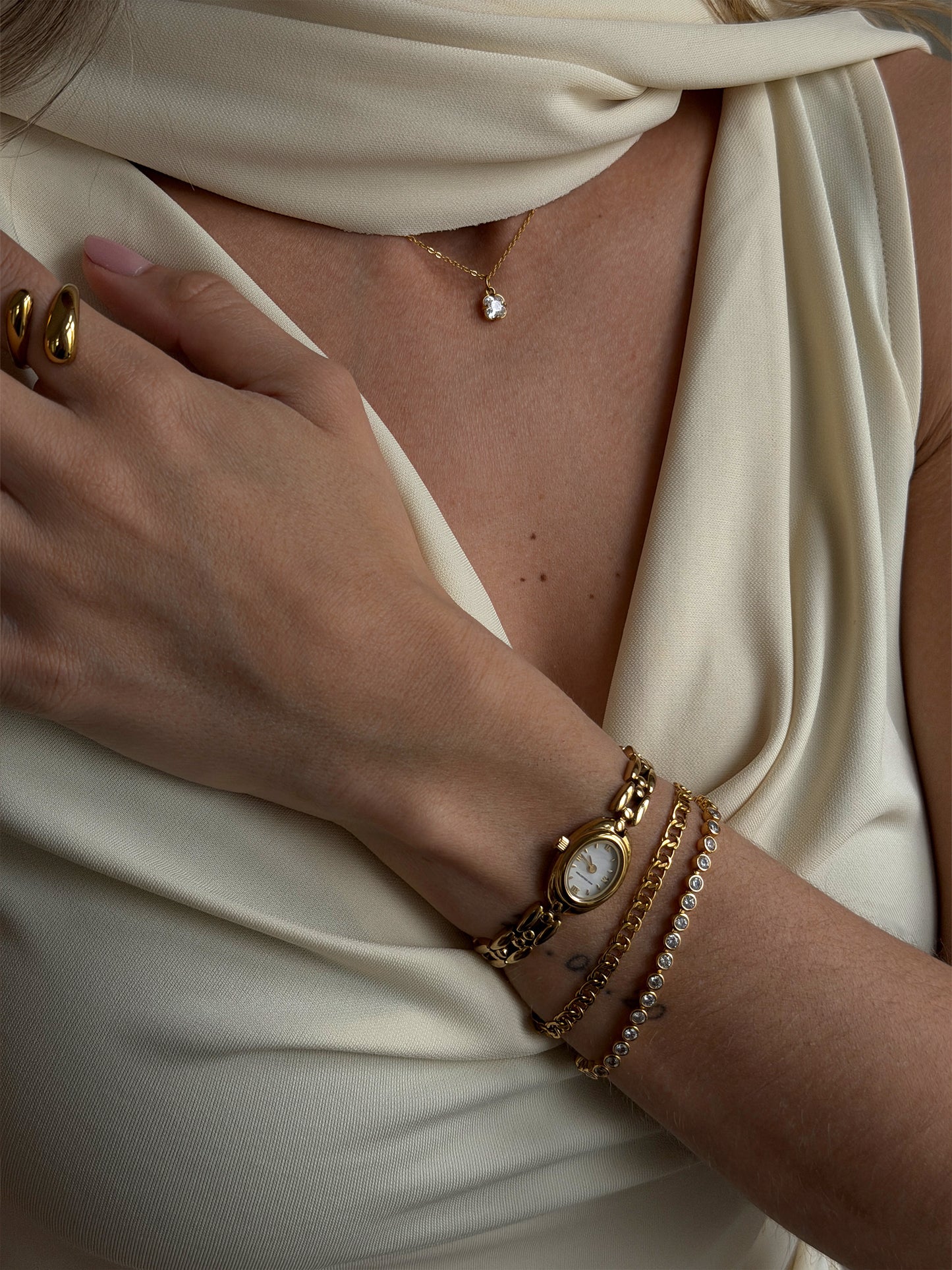 bloom necklace, oval heritage watch, bracelets, adjustable ring, Waterproof 18k gold PVD plated steel