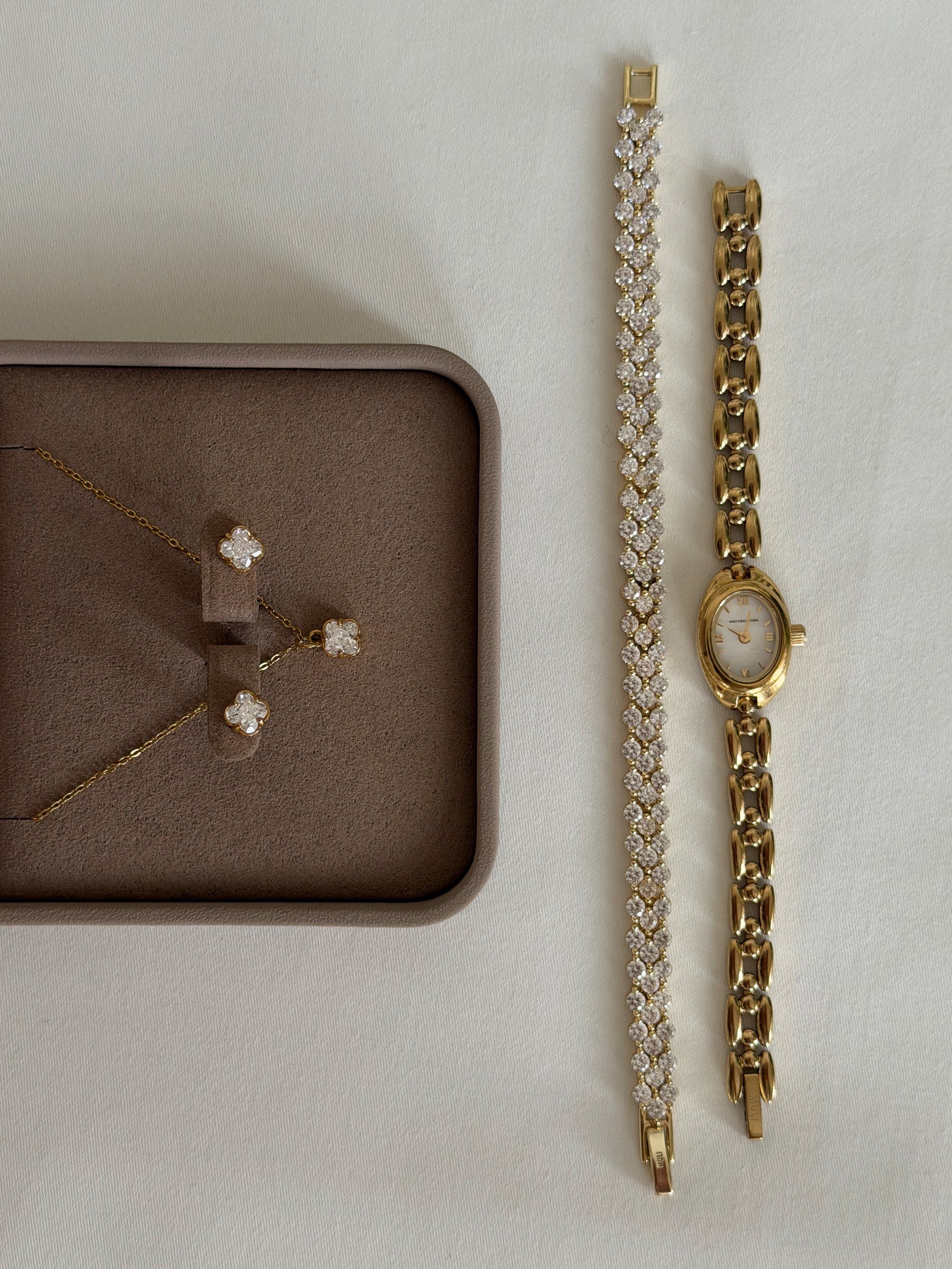 bloom necklace, stud, oval heritage watch, evoke bracelet Waterproof 18k gold PVD plated steel
