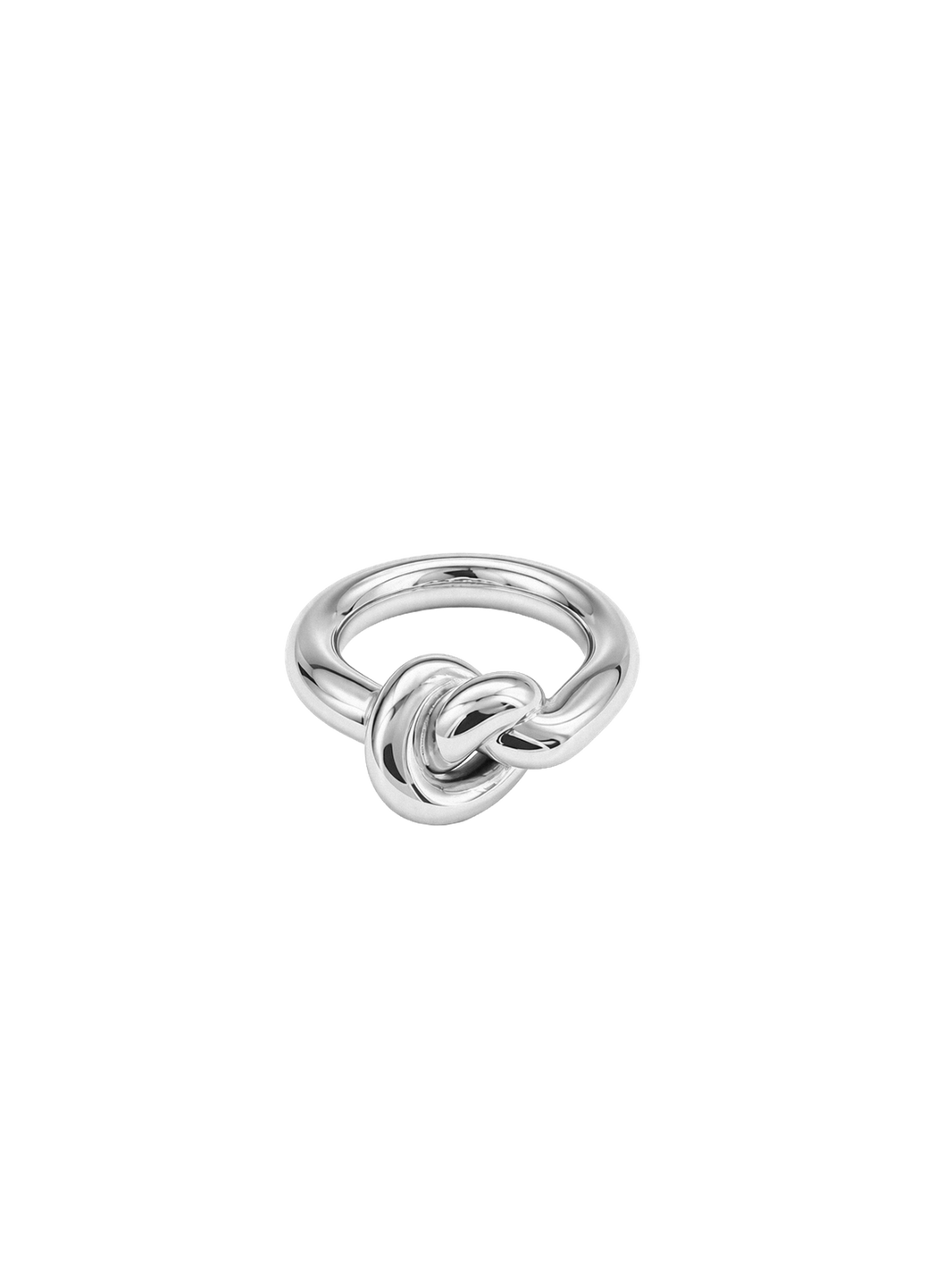 A polished silver ring featuring a central chunky knot design