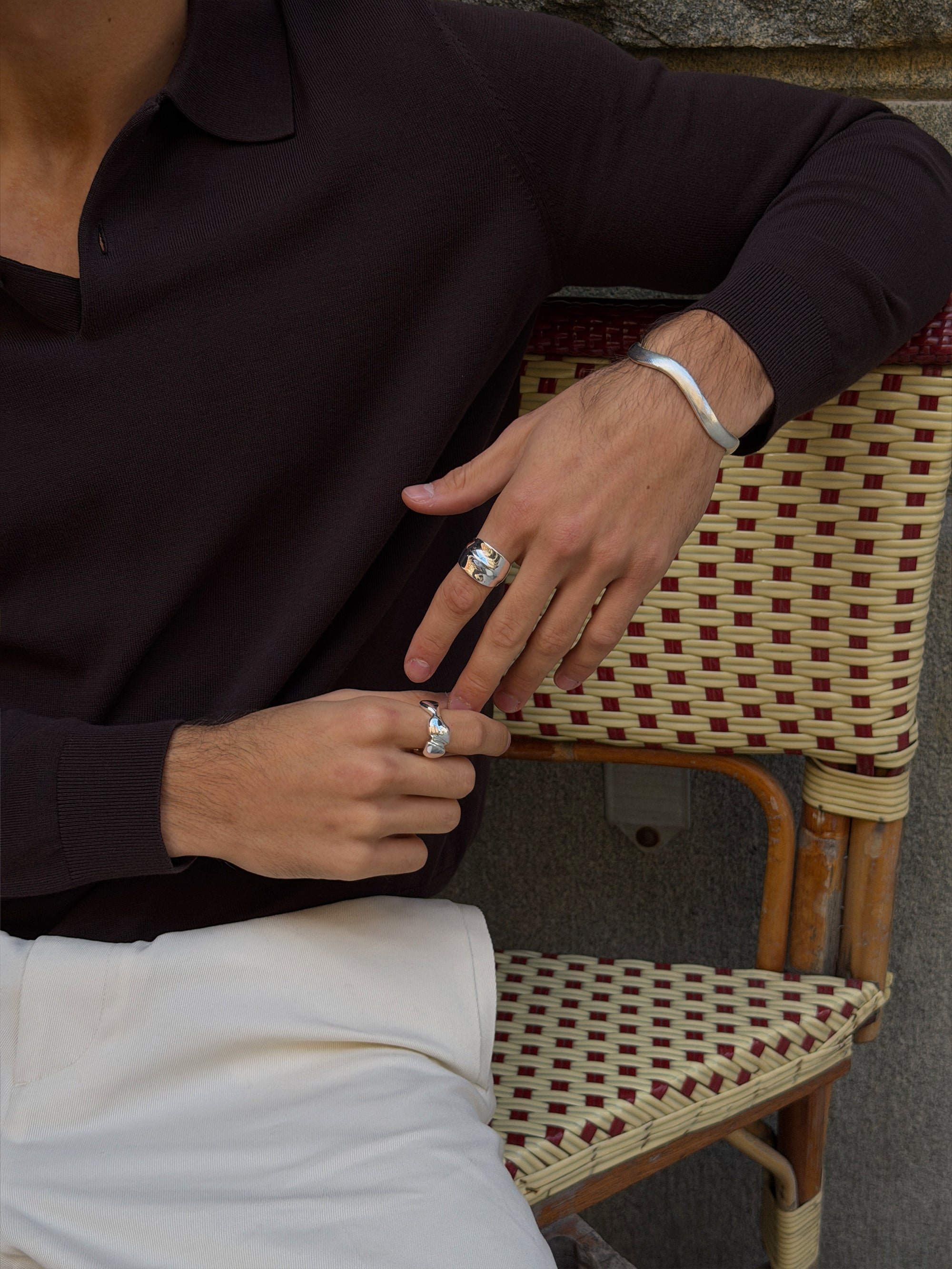 contour ring, wavy brushed bracelet, 925 silver plated stainless steel