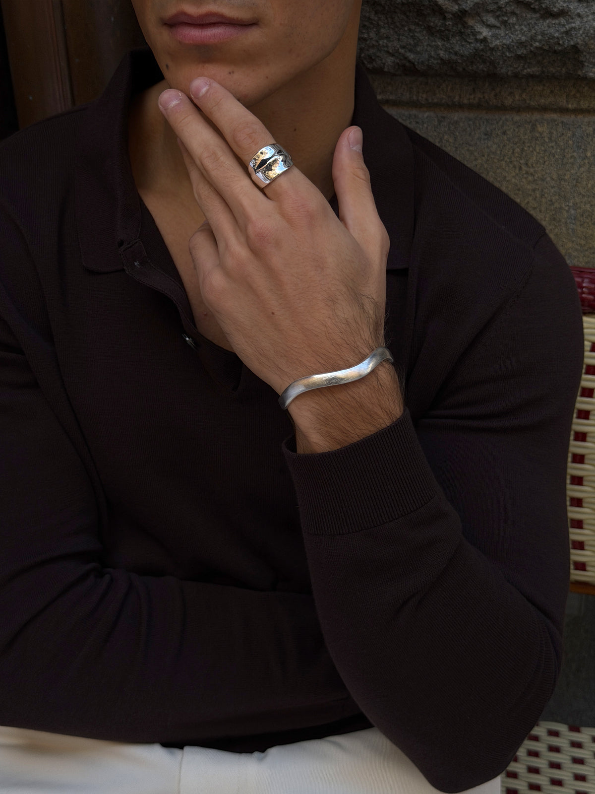 ludwig blomqvist, wavy brushed bracelet, curve ring, 925 silver plated stainless steel