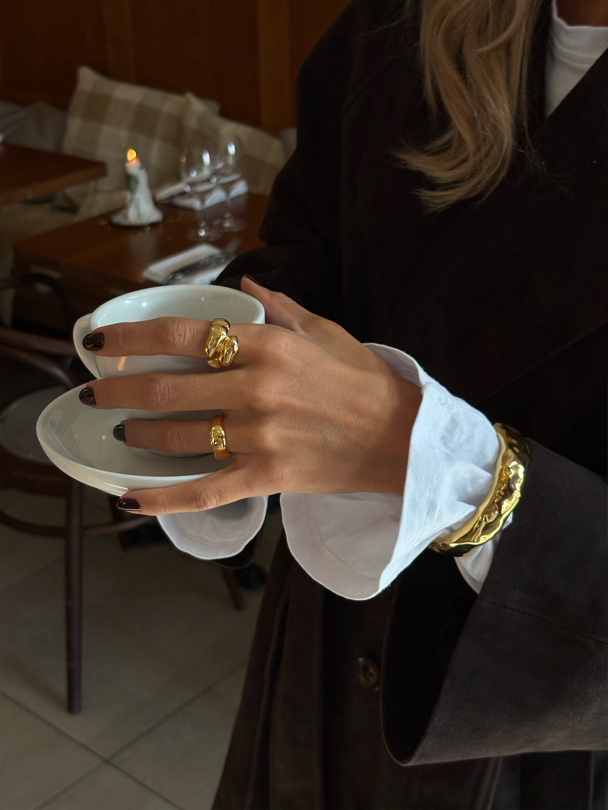 18k PVD gold plated Dune Duo Ring, modern sculptural ring for statement stacking