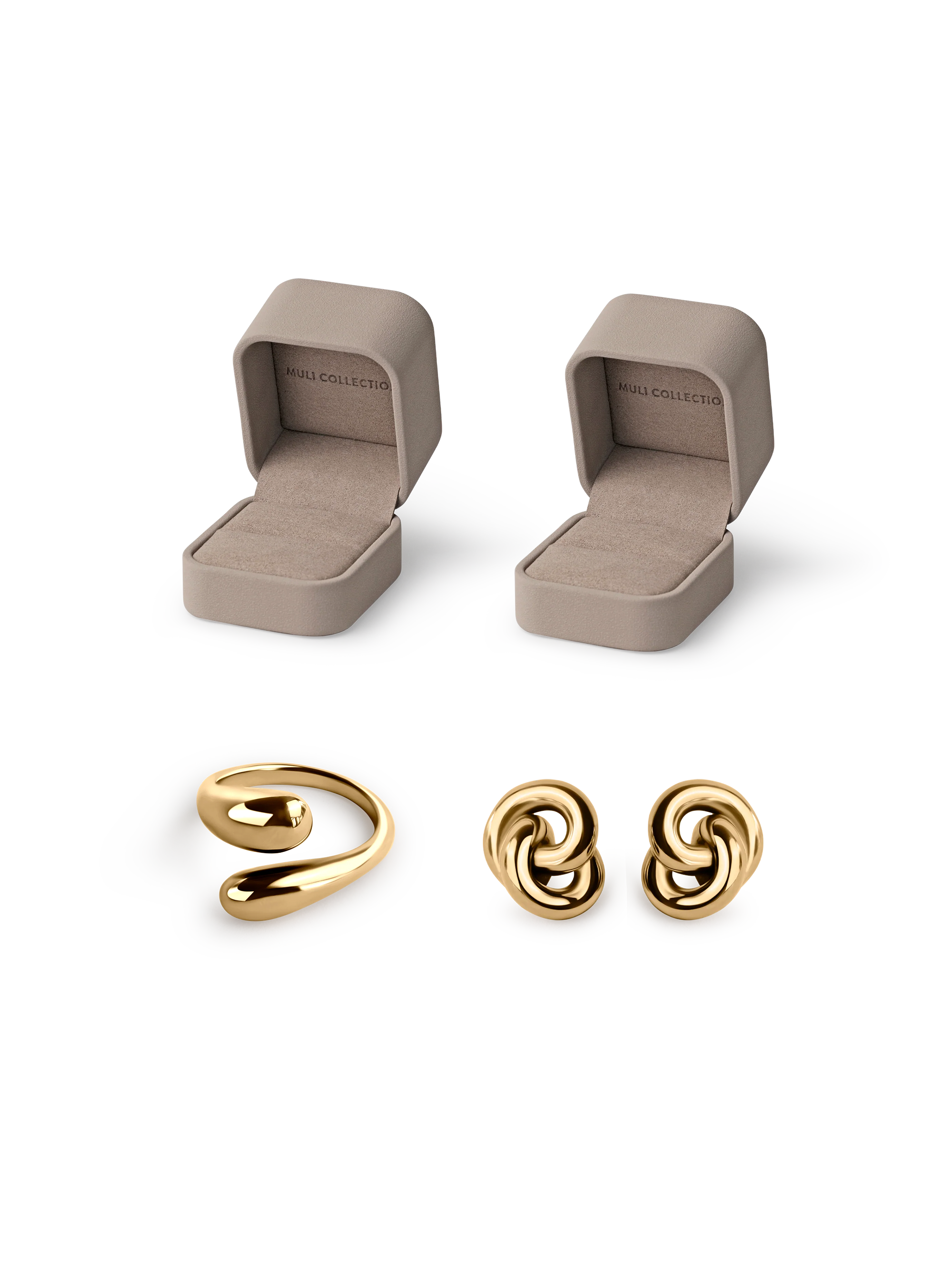 Double Knot Earrings and Adjustable Sleek Ring gold, gift box