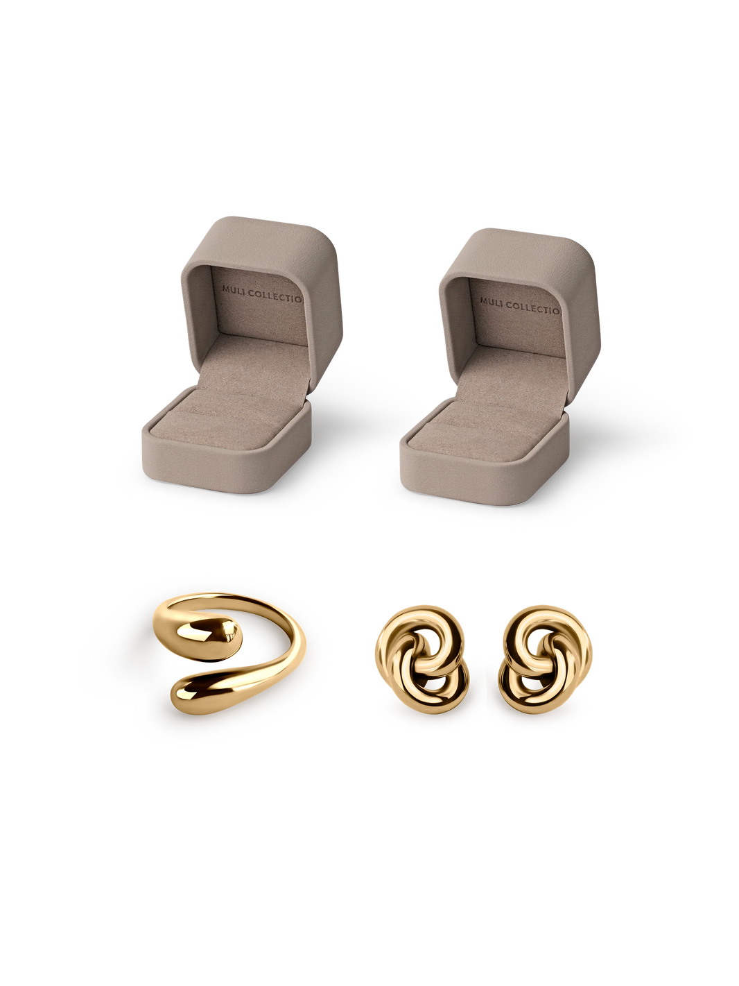 Double Knot Earrings and Adjustable Sleek Ring gold, gift box