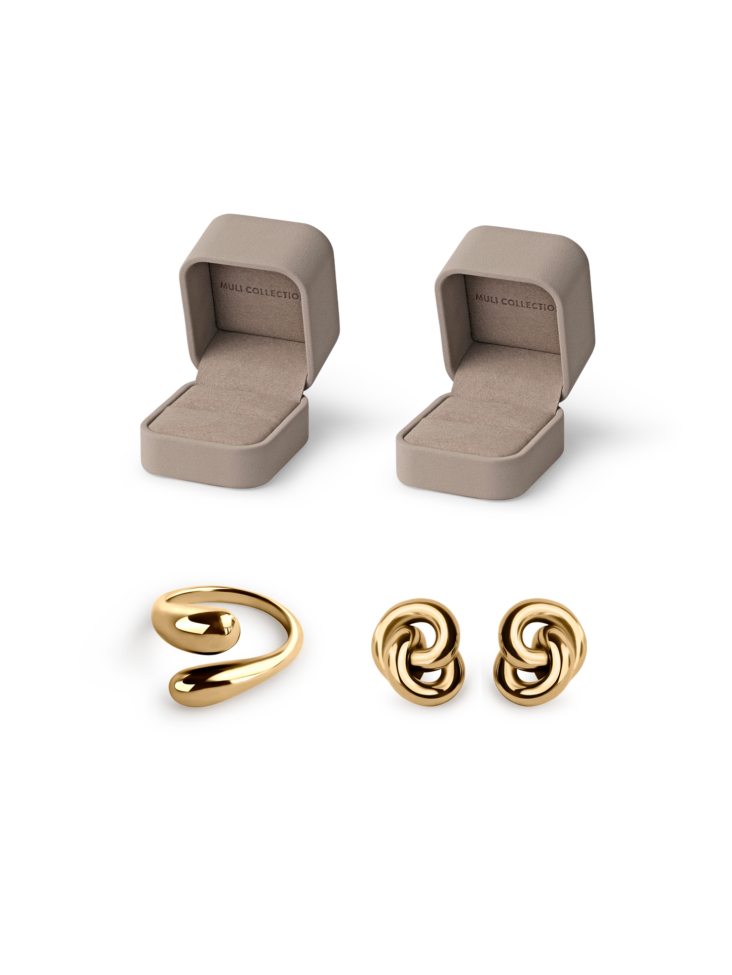 Double Knot Earrings and Adjustable Sleek Ring gold, gift box