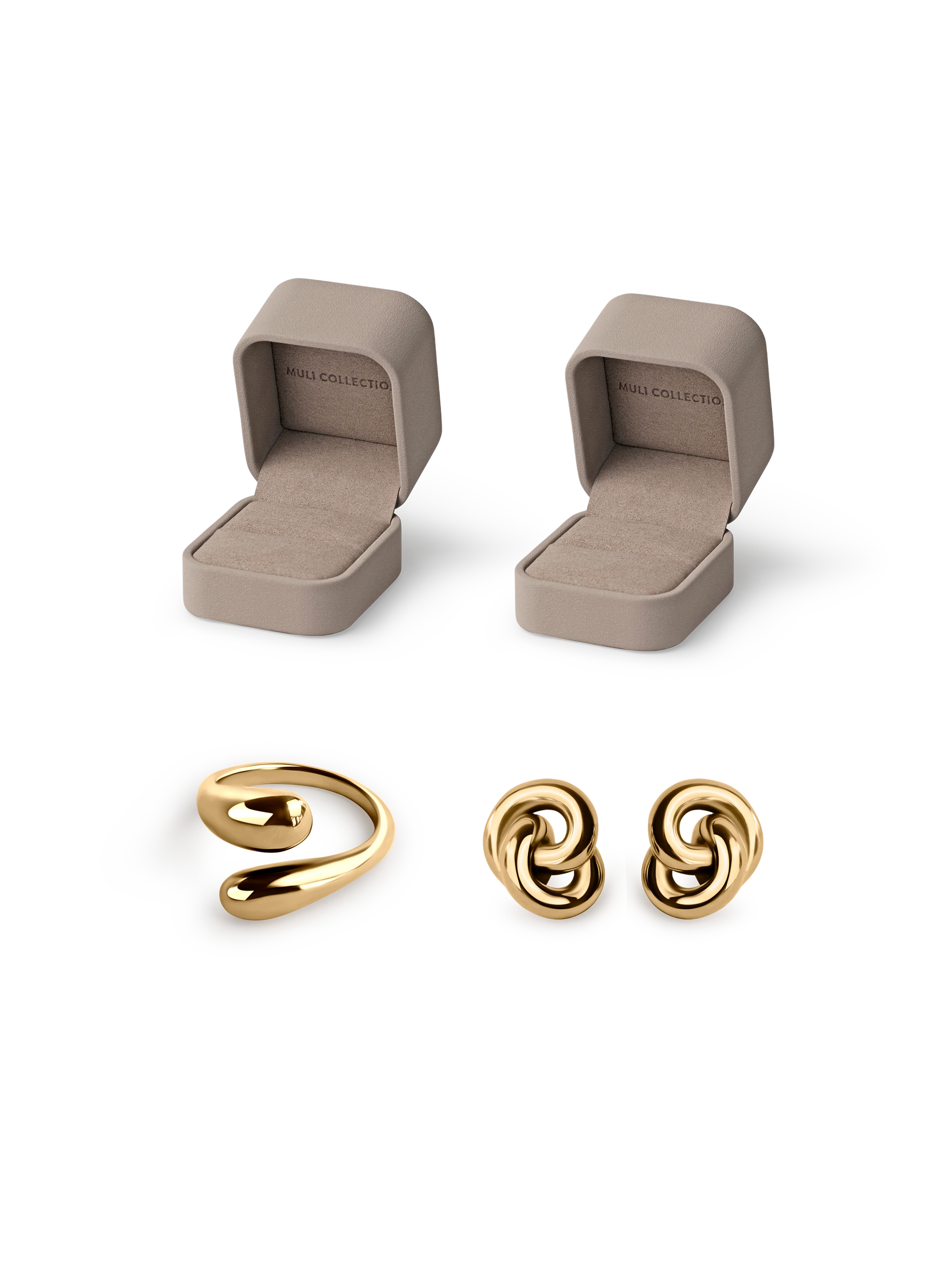 Double Knot Earrings and Adjustable Sleek Ring gold, gift box