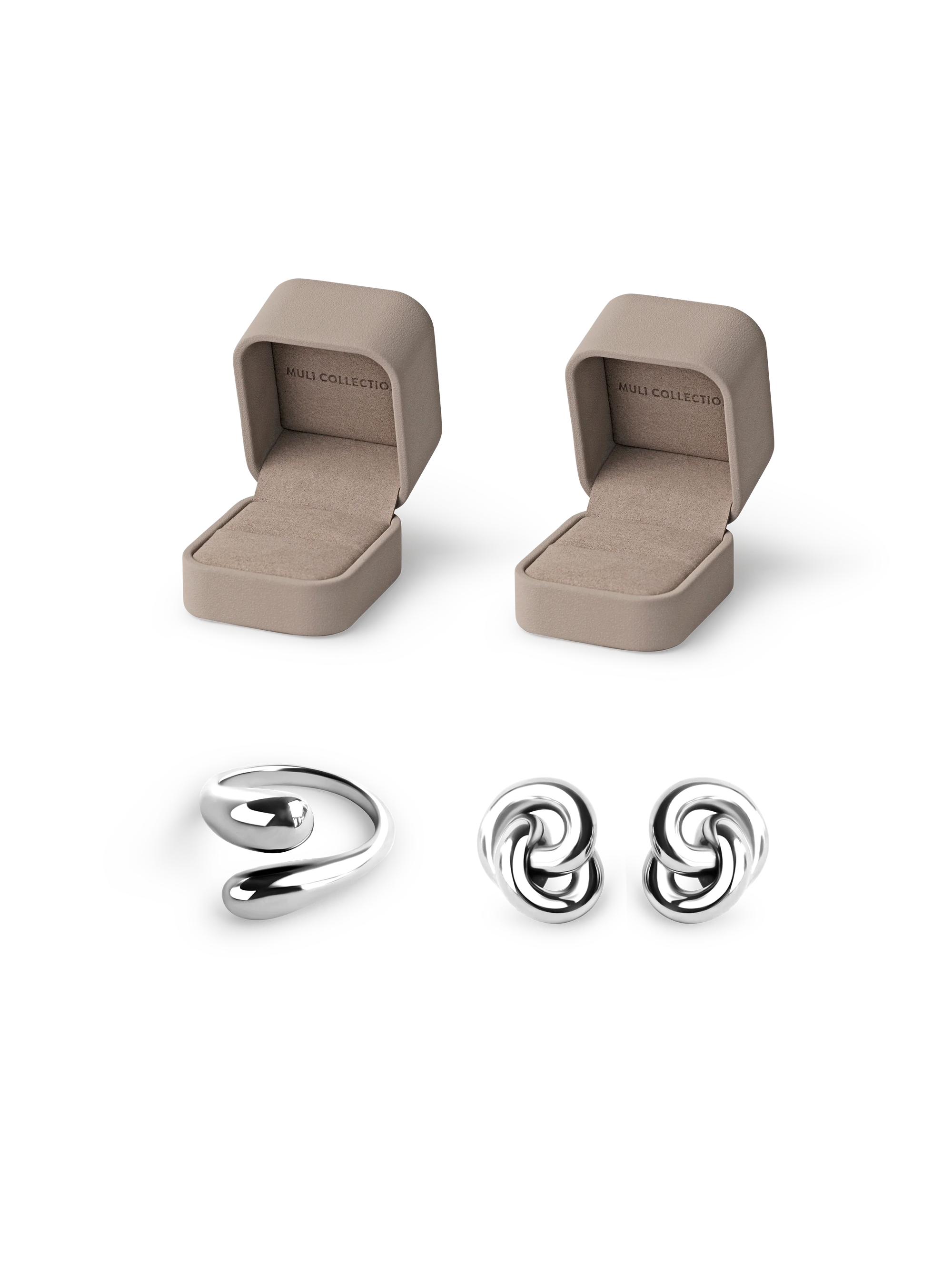 Double Knot Earrings and Adjustable Sleek Ring silver, gift box