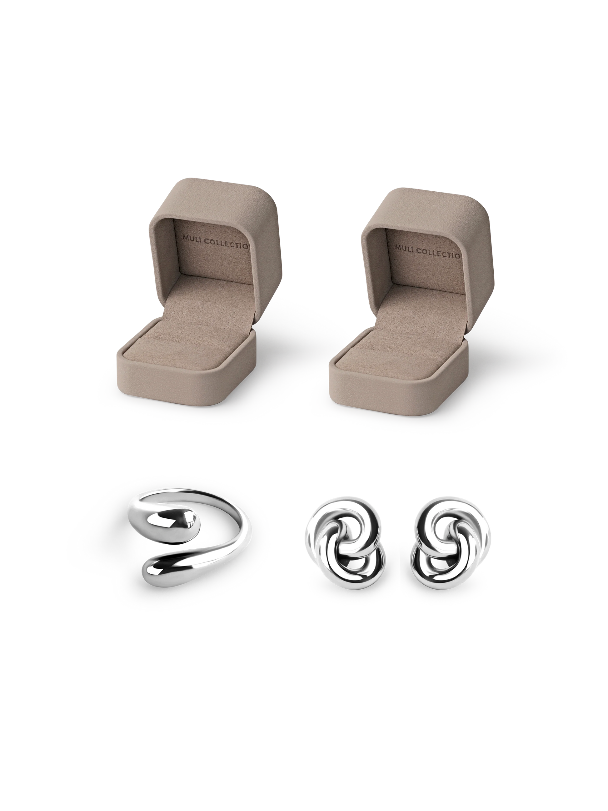 Double Knot Earrings and Adjustable Sleek Ring silver, gift box