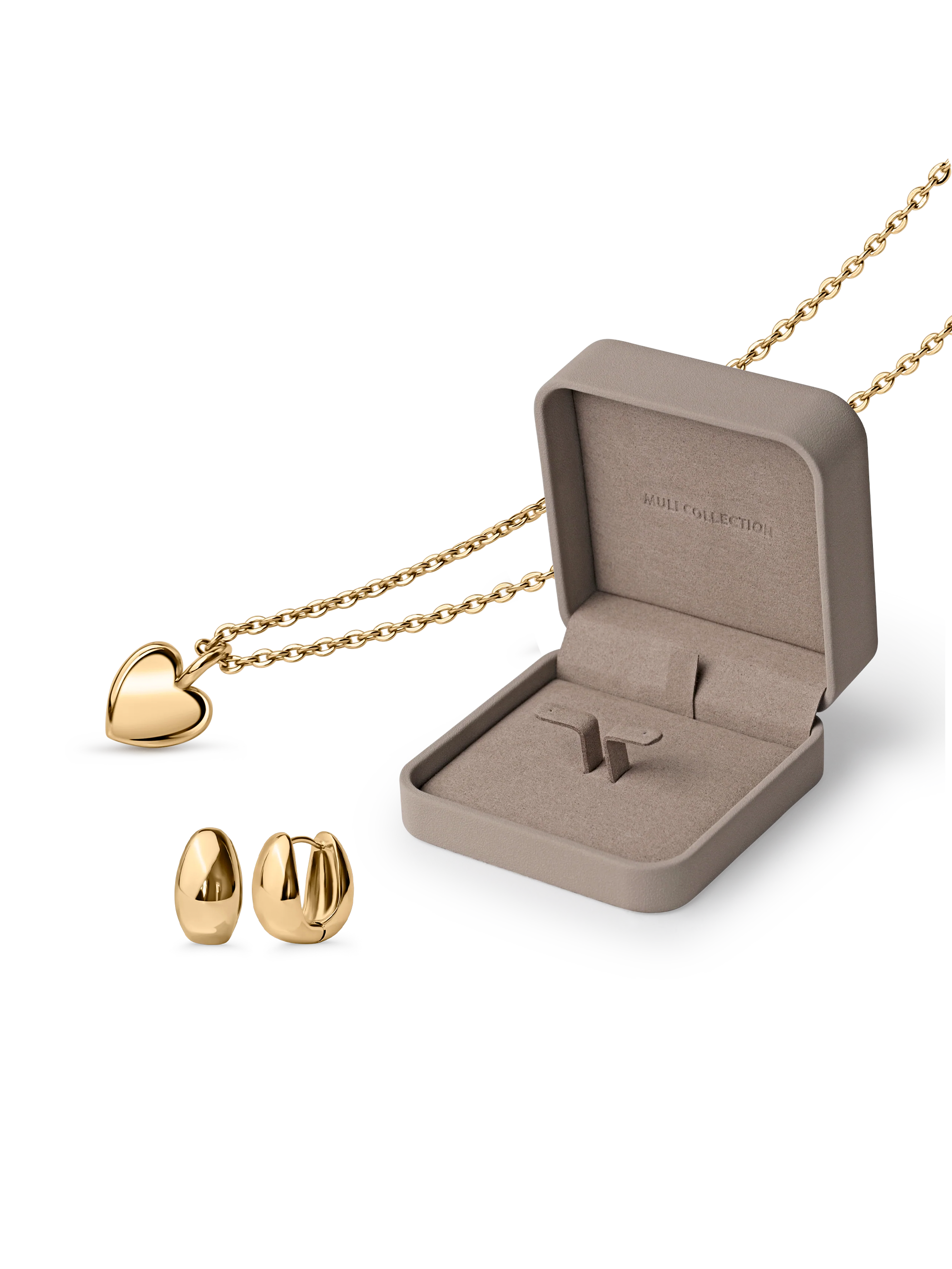 love heart necklace, elysian huggies gold, jewelry box