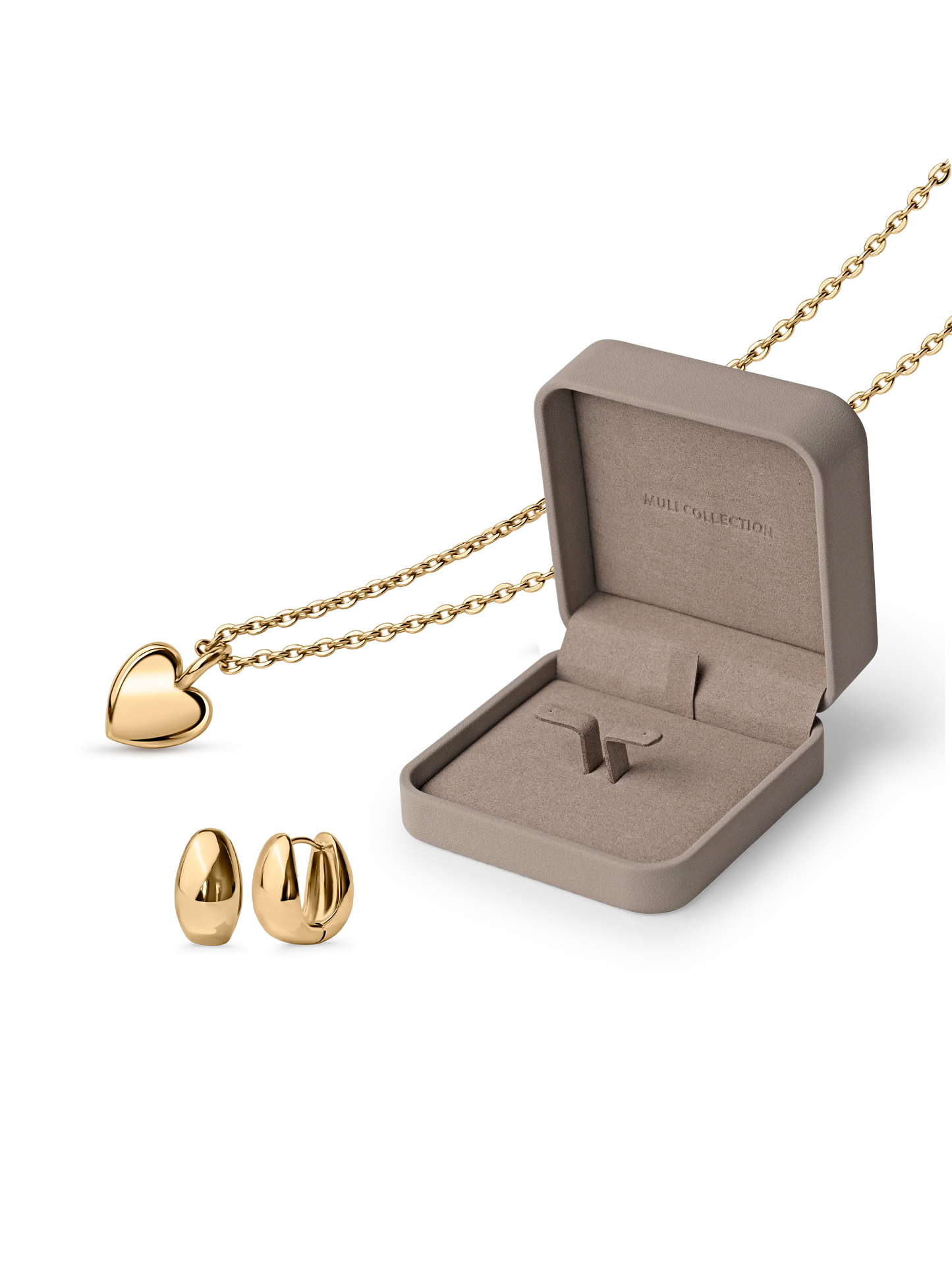 love heart necklace, elysian huggies gold, jewelry box