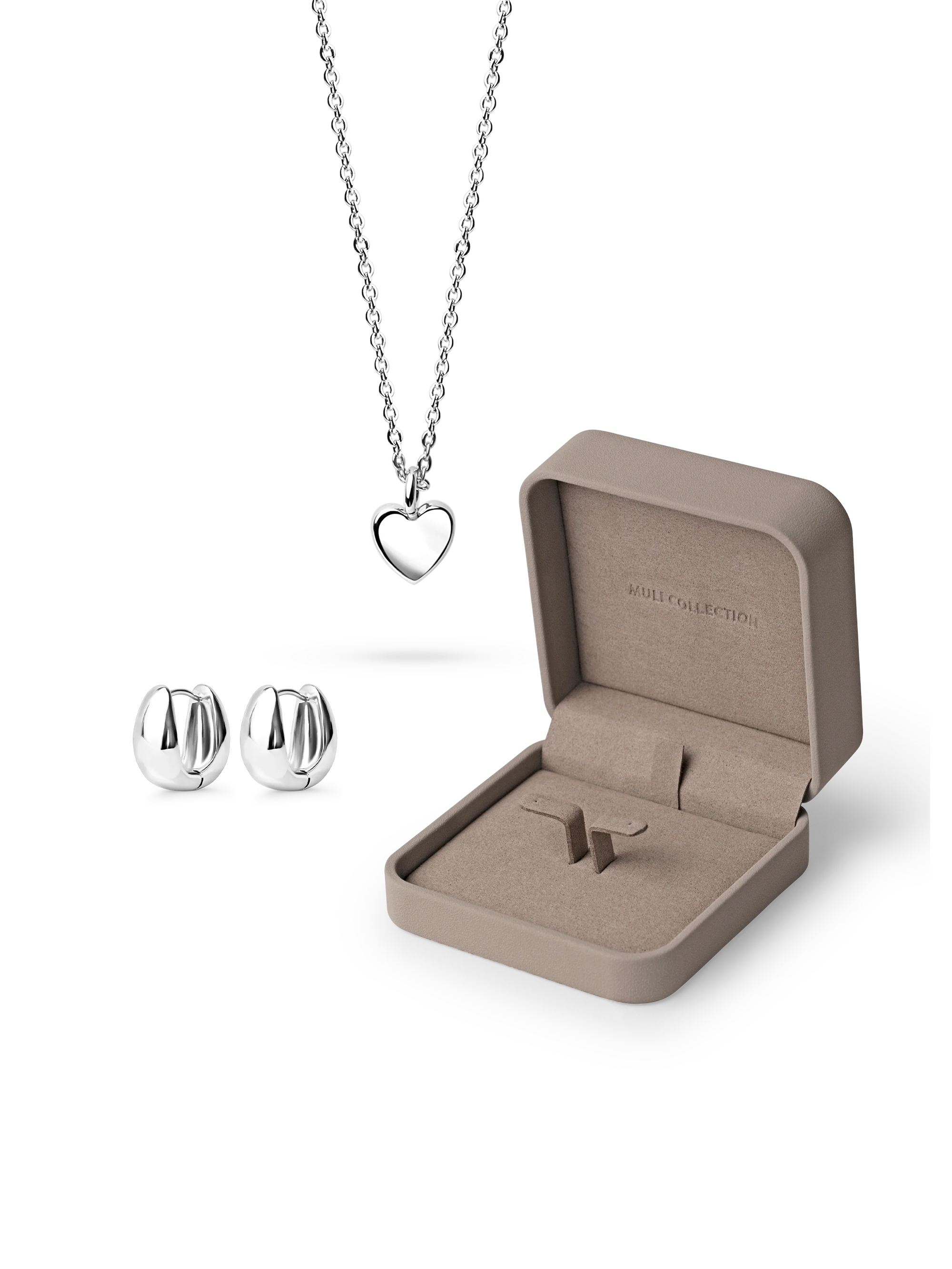 love heart necklace, elysian huggies silver, jewelry box