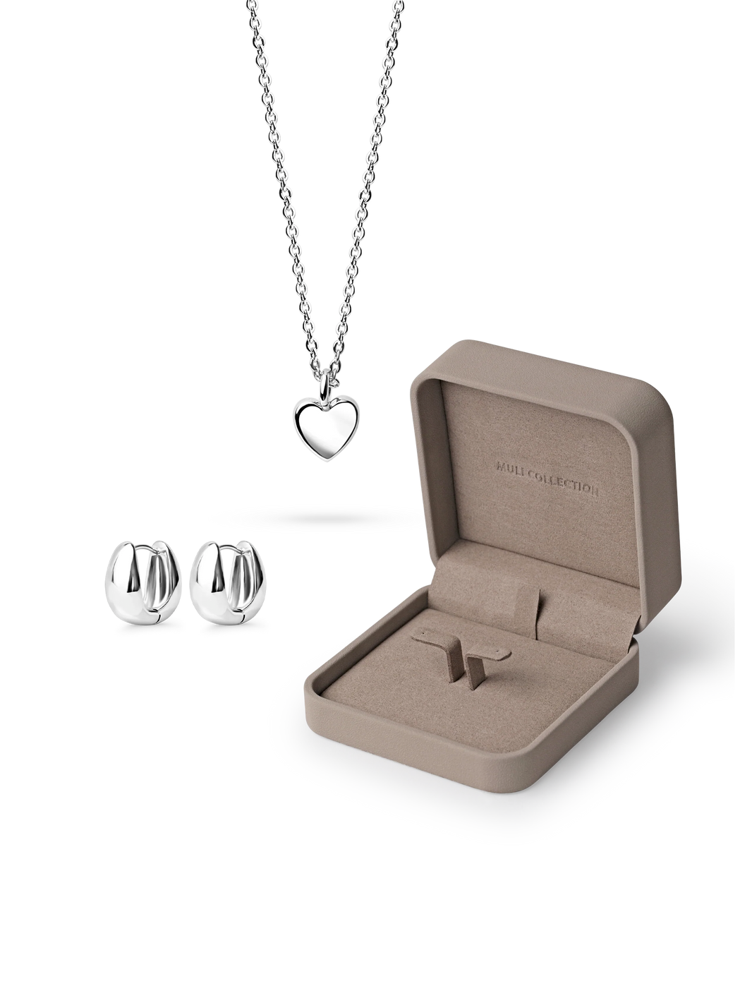 love heart necklace, elysian huggies silver, jewelry box