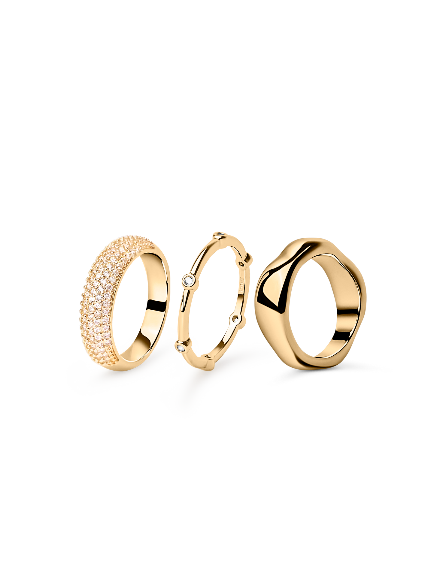 Pave Dome Ring, Thin Milgrain Ring and Wavy Ring by You gold