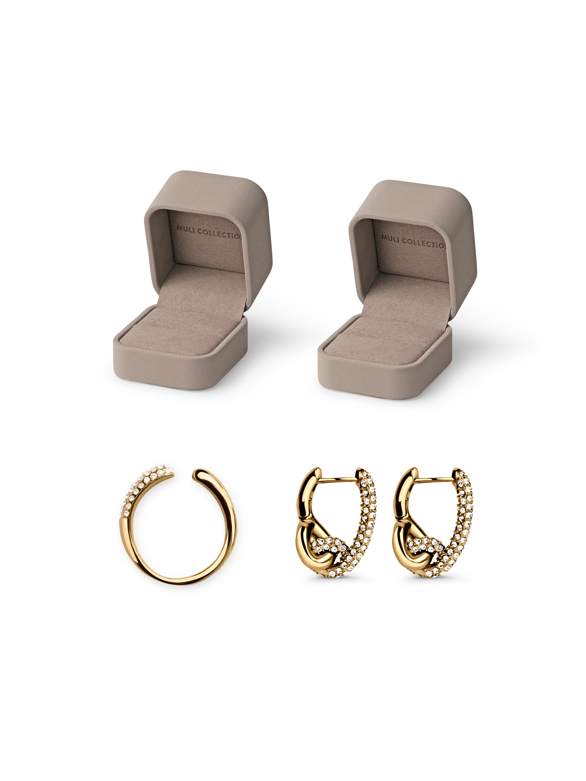 Pavé Knot Earrings and Adjustable Pavé Ring gold, gift box