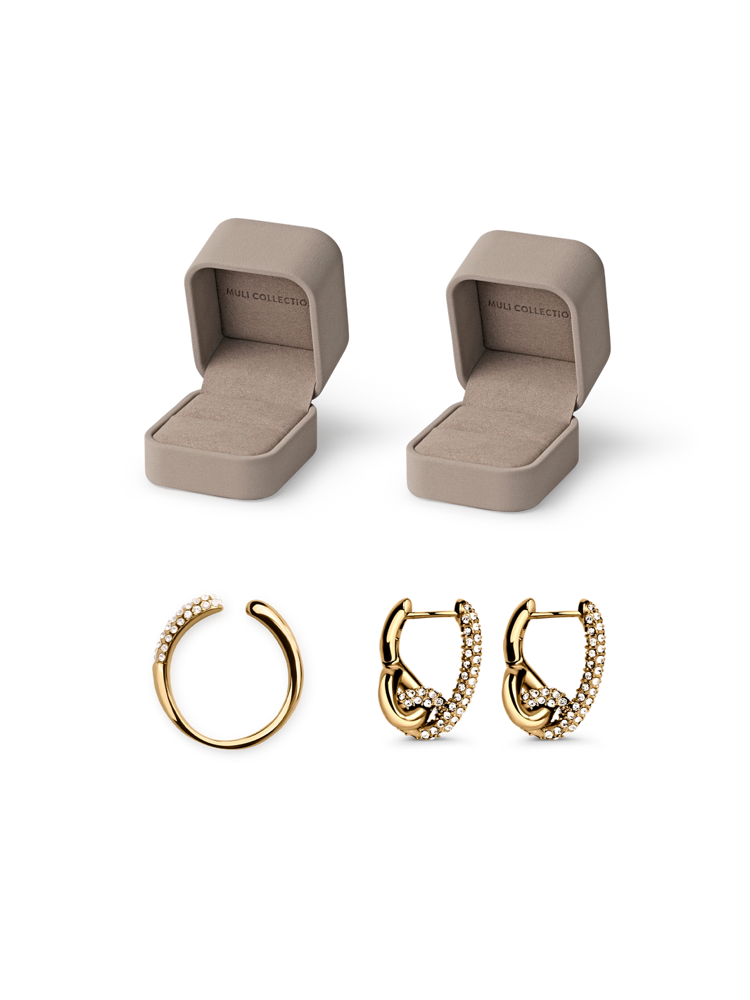 Pavé Knot Earrings and Adjustable Pavé Ring gold, gift box