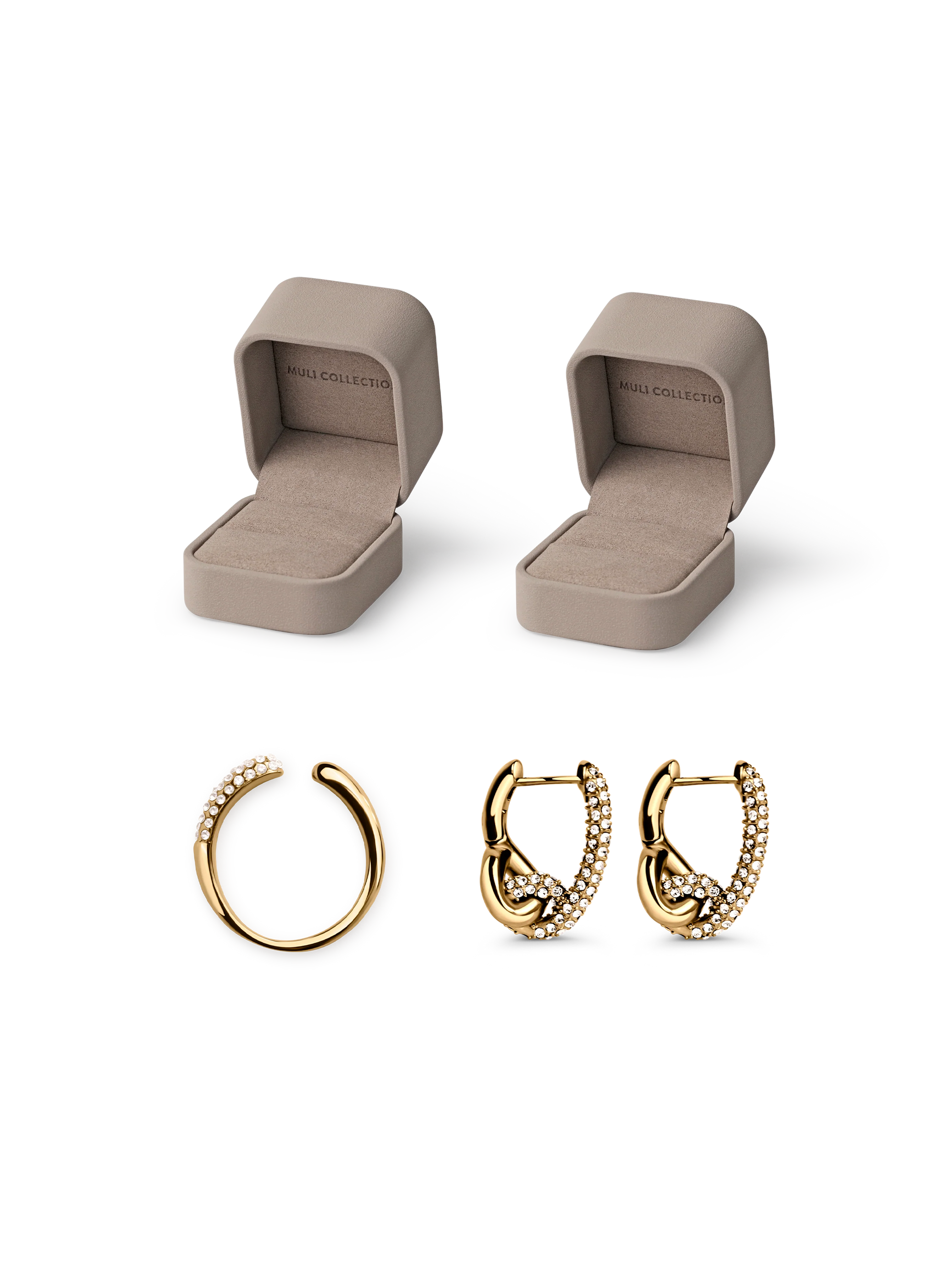 Pavé Knot Earrings and Adjustable Pavé Ring gold, gift box