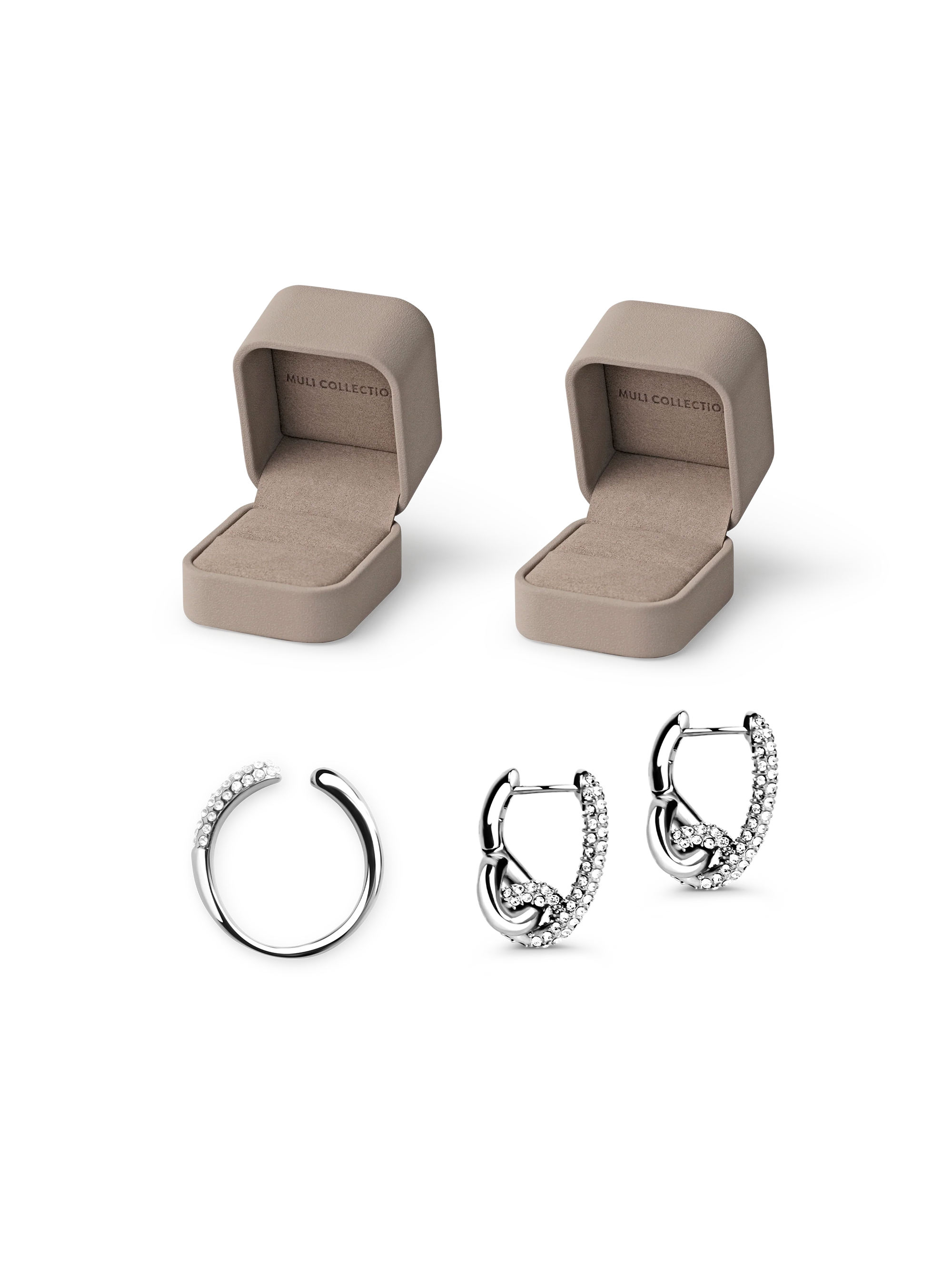 Pavé Knot Earrings Silver and Adjustable Pavé Ring Silver, gift box