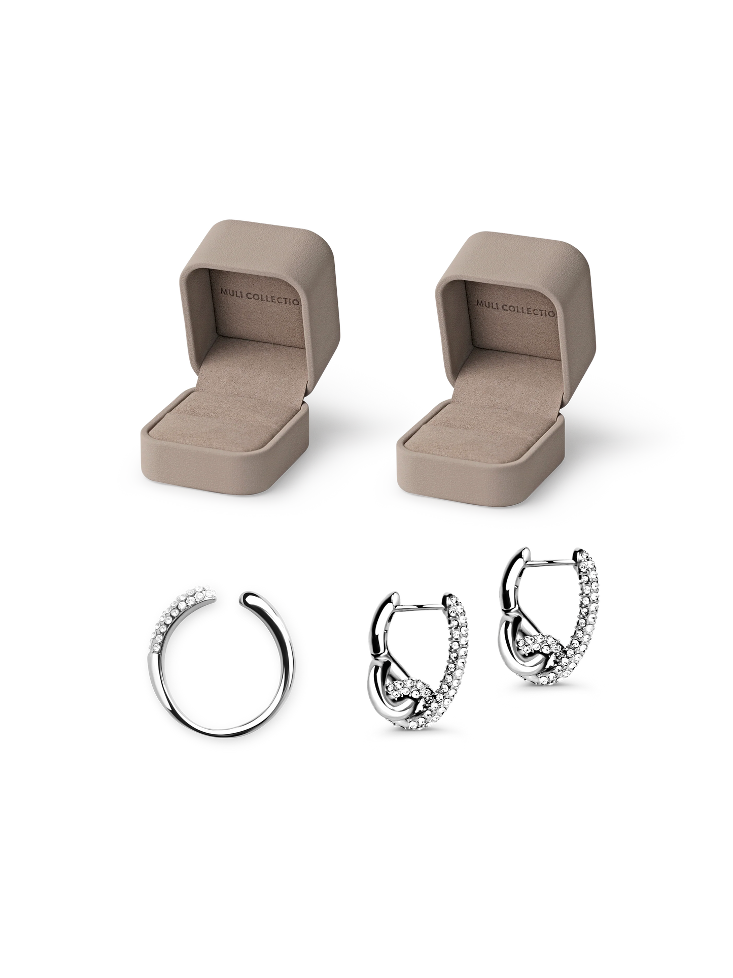 Pavé Knot Earrings Silver and Adjustable Pavé Ring Silver, gift box