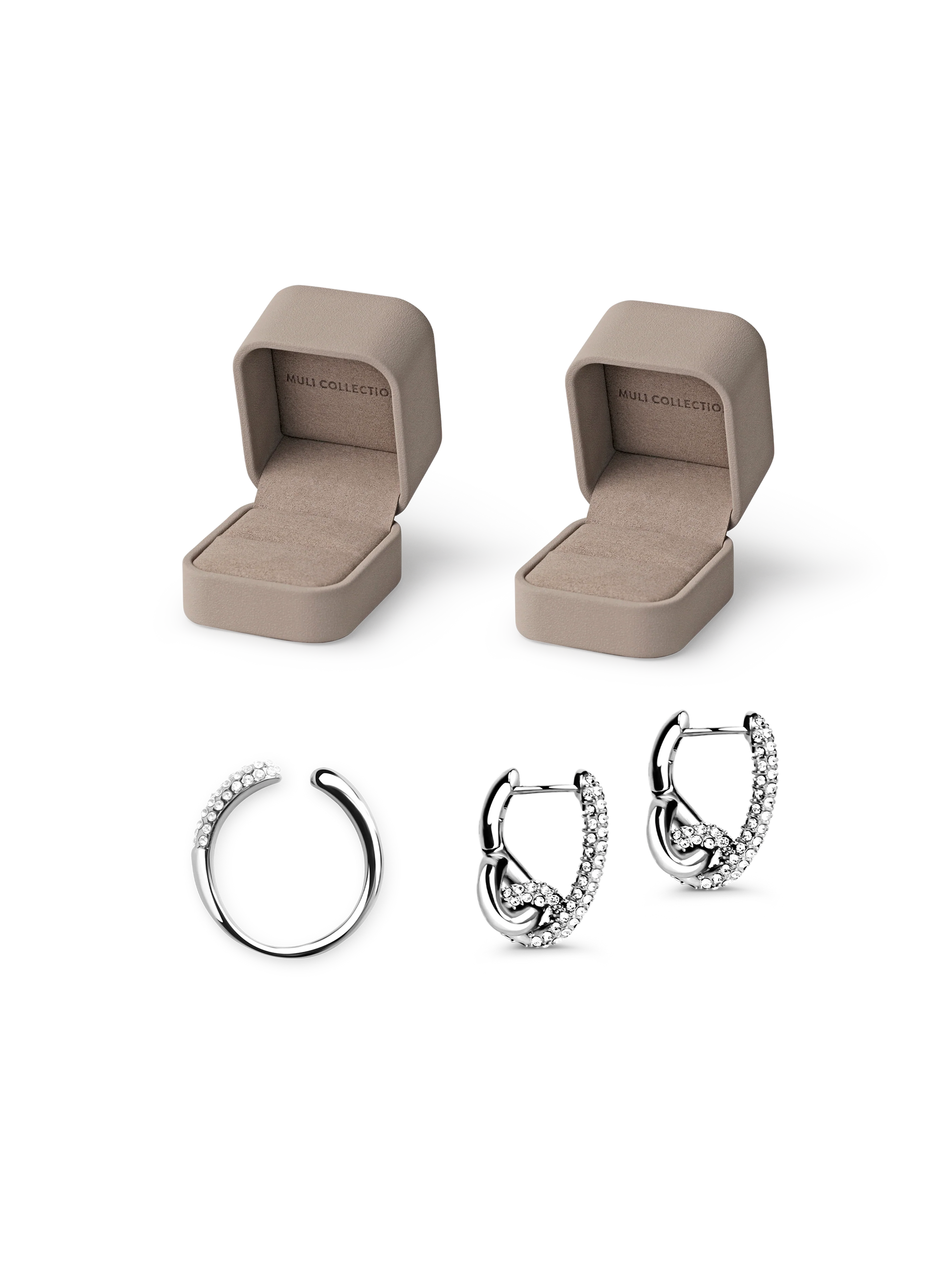 Pavé Knot Earrings Silver and Adjustable Pavé Ring Silver, gift box