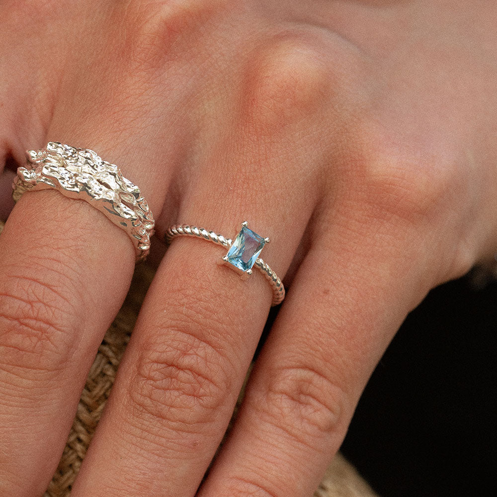 Ocean Blue Baguette Ring Silver