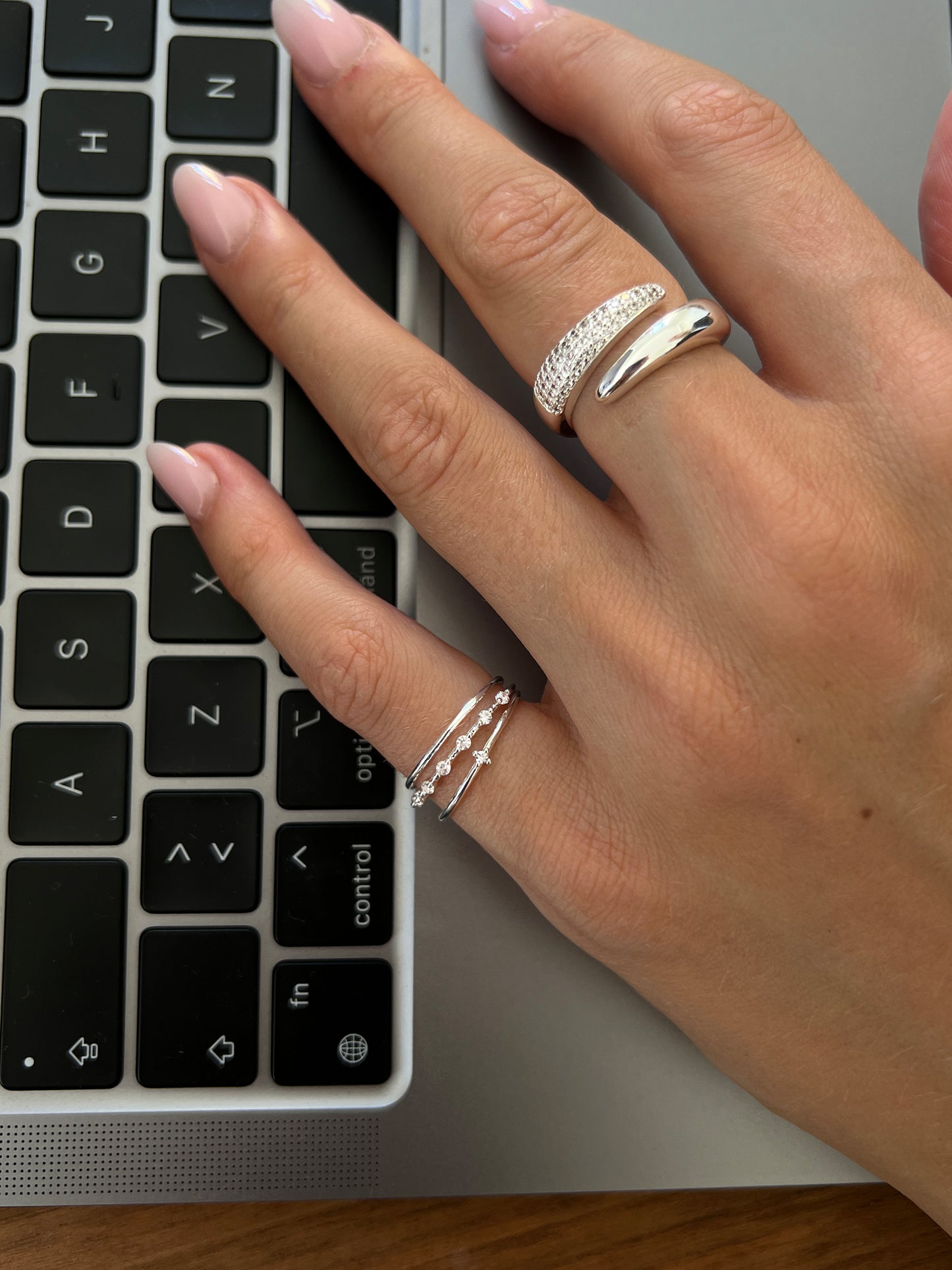 Beaded Zirconia Stacker Ring Silver