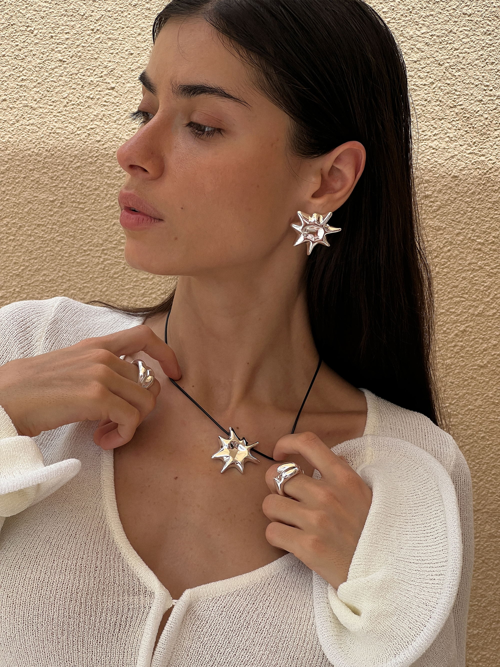 solare earring, necklace, dune, terra duo ring 925 silver plated steel 