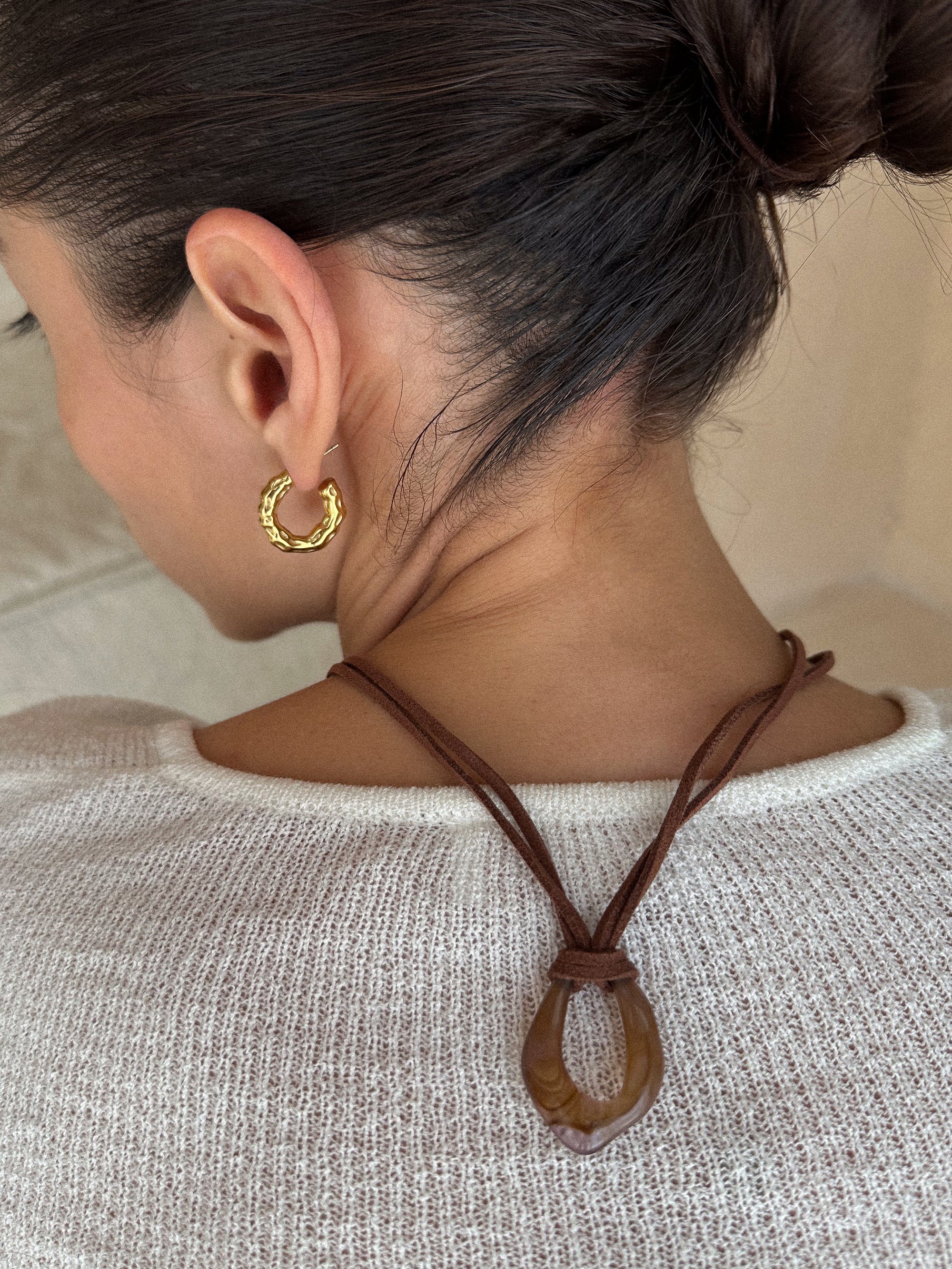 Resin Necklace Brown, terra hoops waterproof 18k gold PVD plating