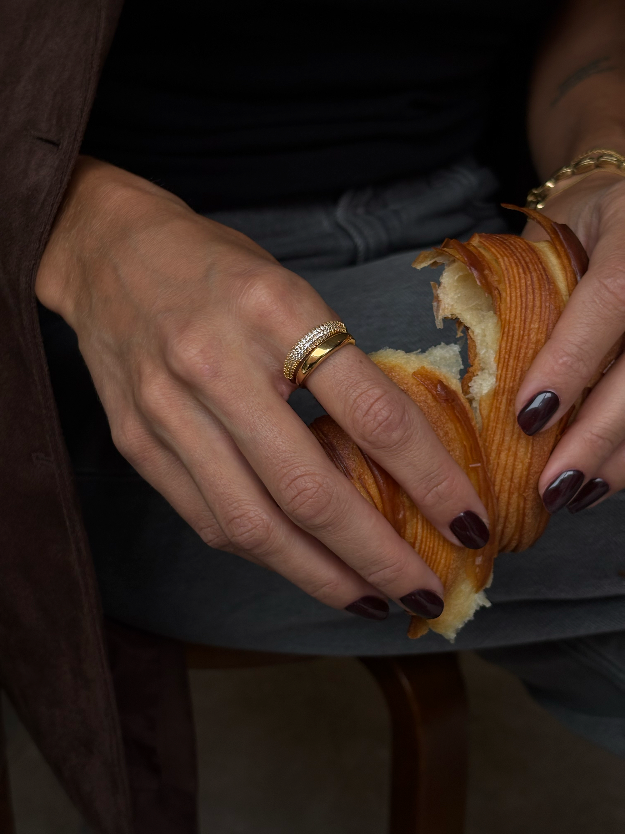 Thin pavé dome ring, 18k gold plated band with pavé zirconia detailing