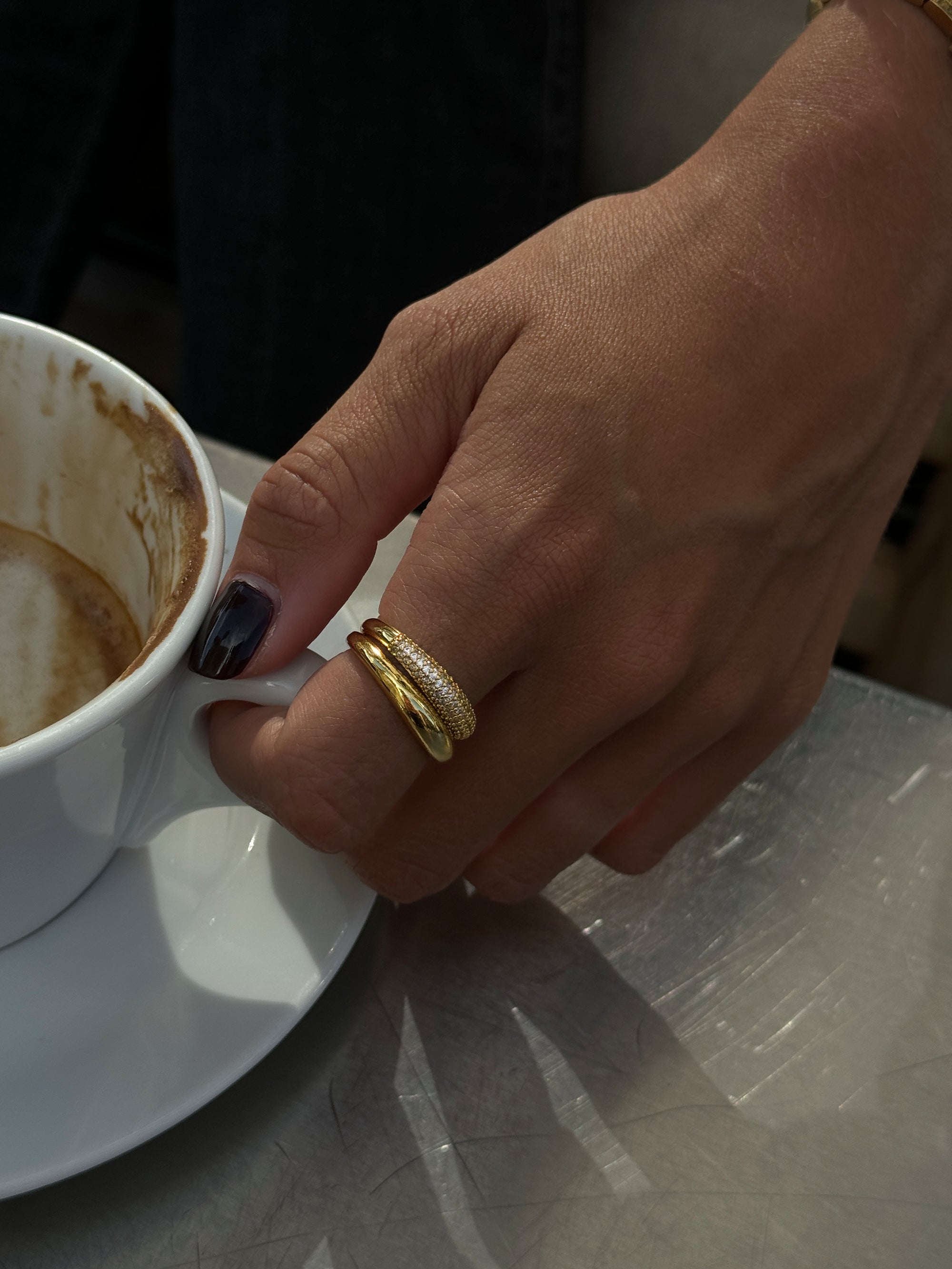 thin dome ring, zirconia 18k gold plated brass