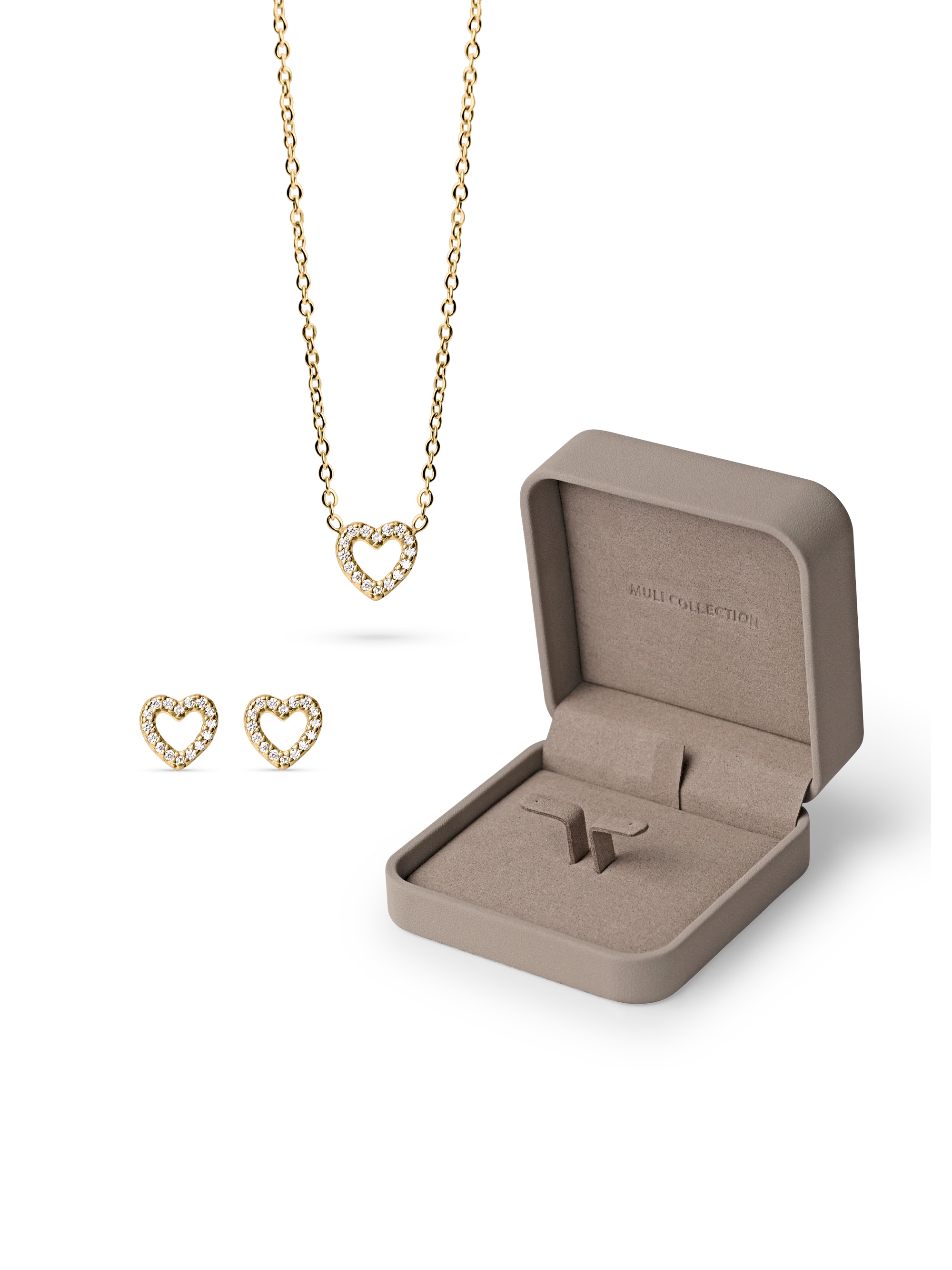 Zirconia Heart Necklace and Zirconia Heart Studs gold, gift box