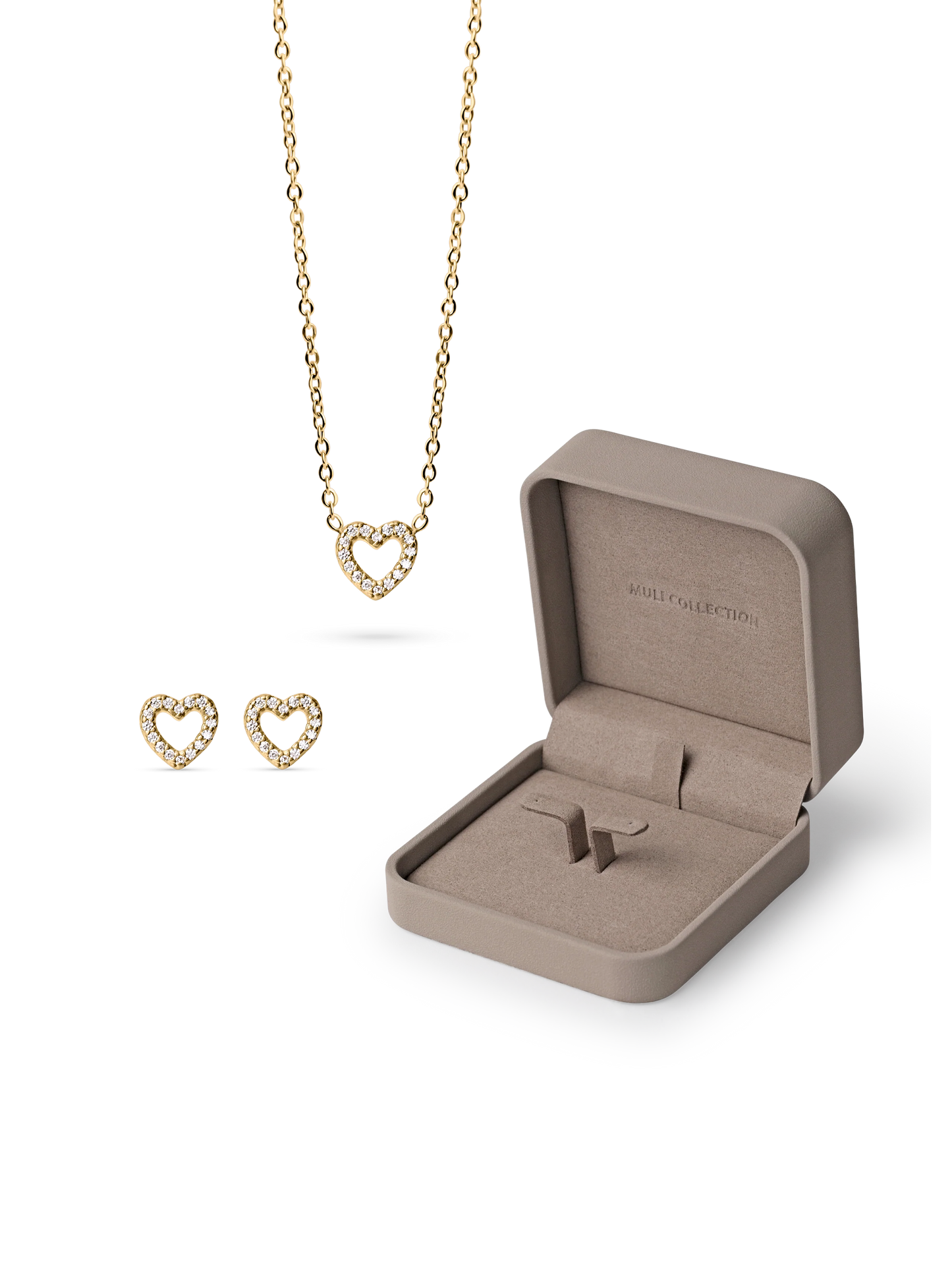 Zirconia Heart Necklace and Zirconia Heart Studs gold, gift box