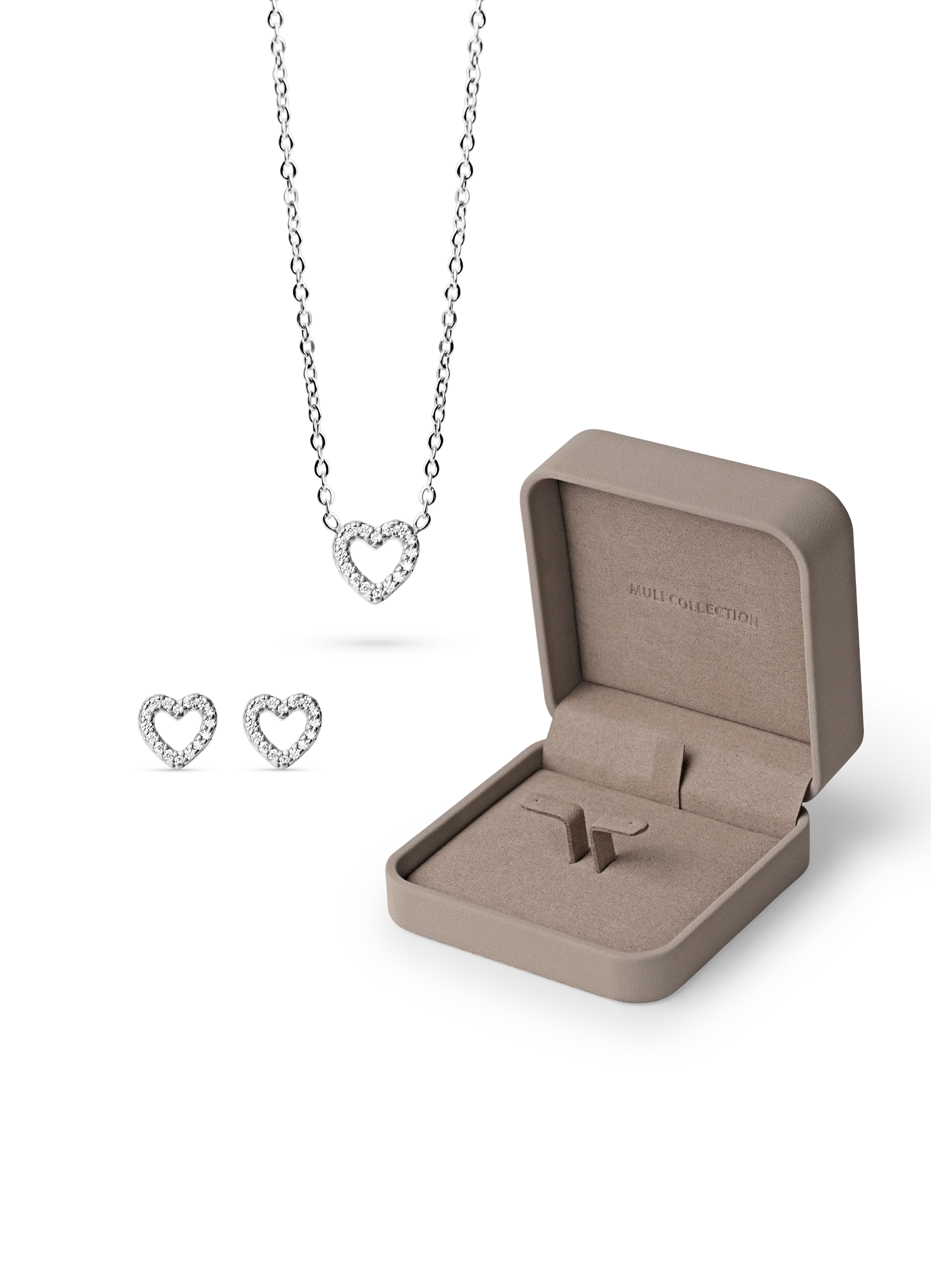 Zirconia Heart Necklace Silver and Zirconia Heart Studs Silver, gift box.