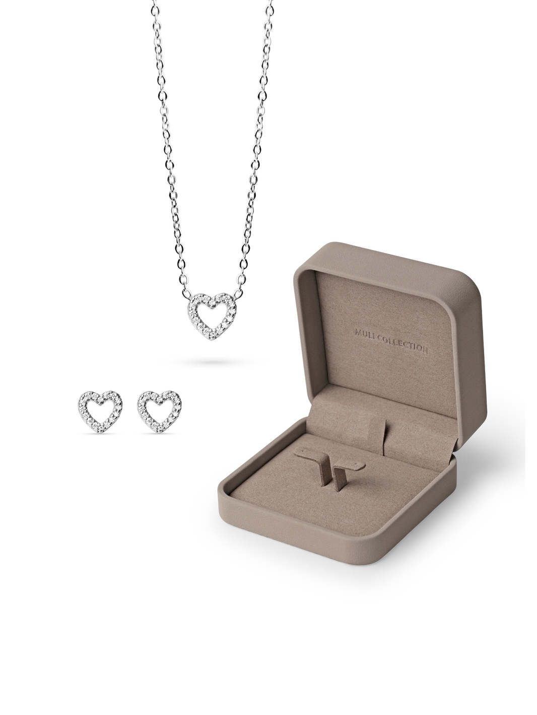 Zirconia Heart Necklace Silver and Zirconia Heart Studs Silver, gift box.