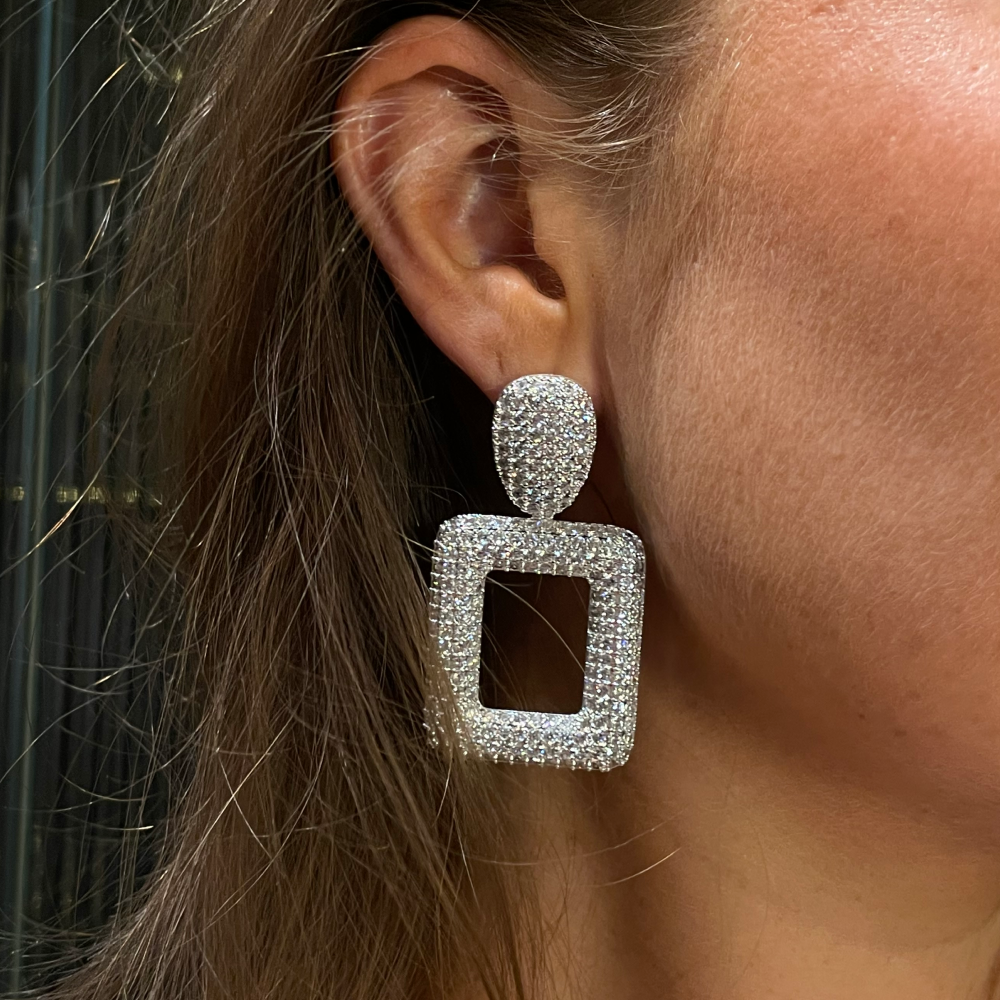 Squared Pave Earrings Silver